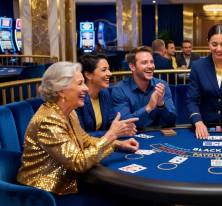 Blackjack asztal körül fiatalok egy szórakoztató estén, emelkedett hangulatban.