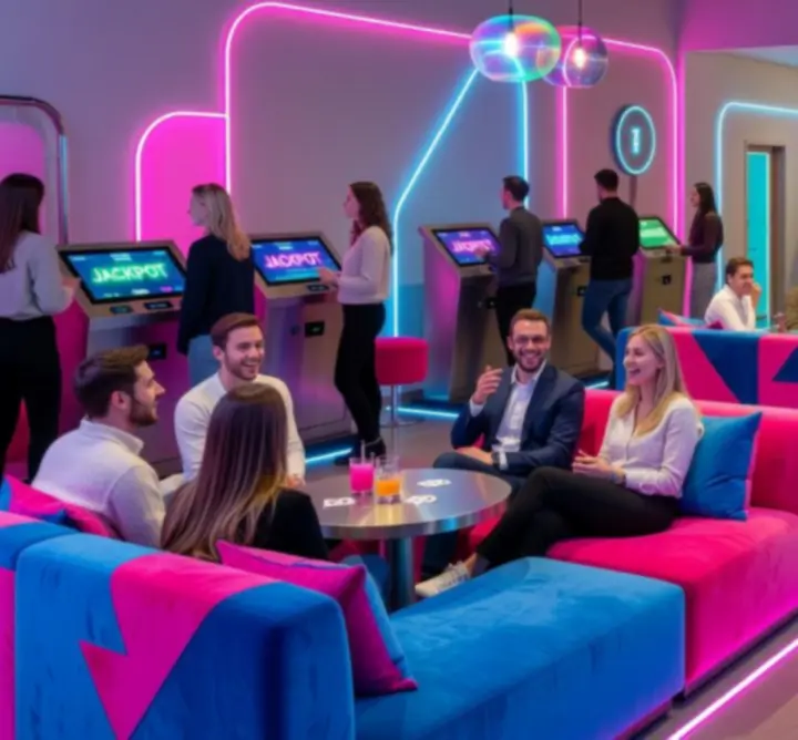 Fiatalos, modern megvilágítású játéktér vendégekkel a Norvix Play-ben.